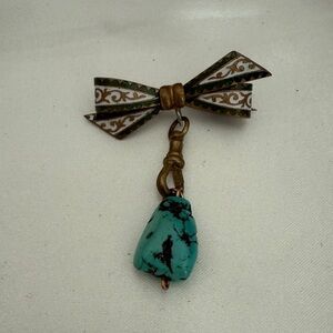 Antique Elegant Turquoise and Gold Bow Pendant